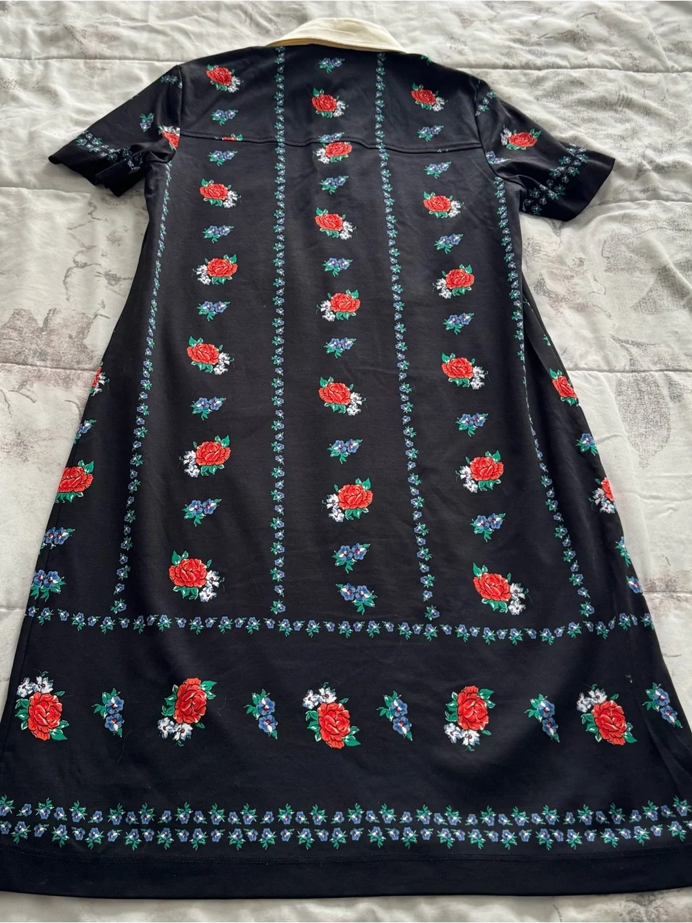 Tory Burch Black Floral Polo lined Dress with Cream Collar, size XS luxury boho